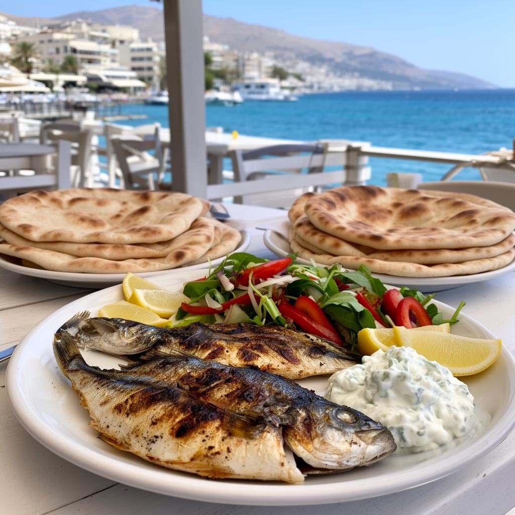 Greek mezze with grilled fish, tzatziki and pita at a seaside taverna