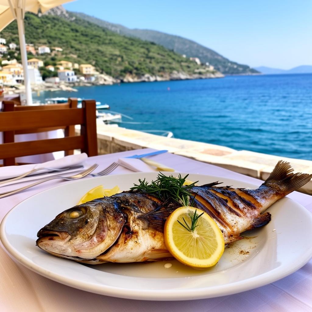 Fresh grilled fish with lemon at a Corfu seaside taverna