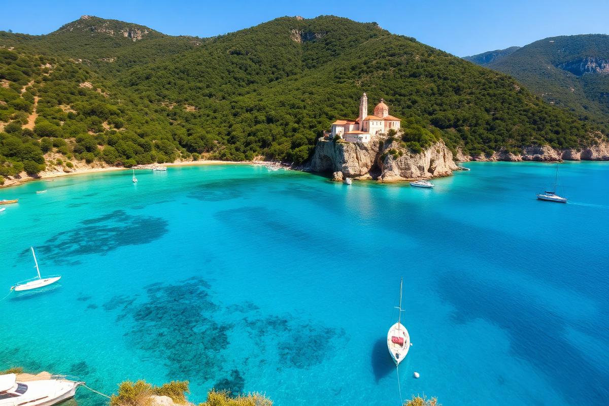 Crystal waters and green cliffs at Paleokastritsa, Corfu