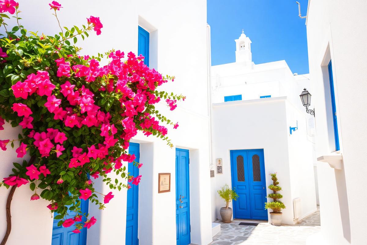 Whitewashed streets and bougainvillea in Mykonos Chora