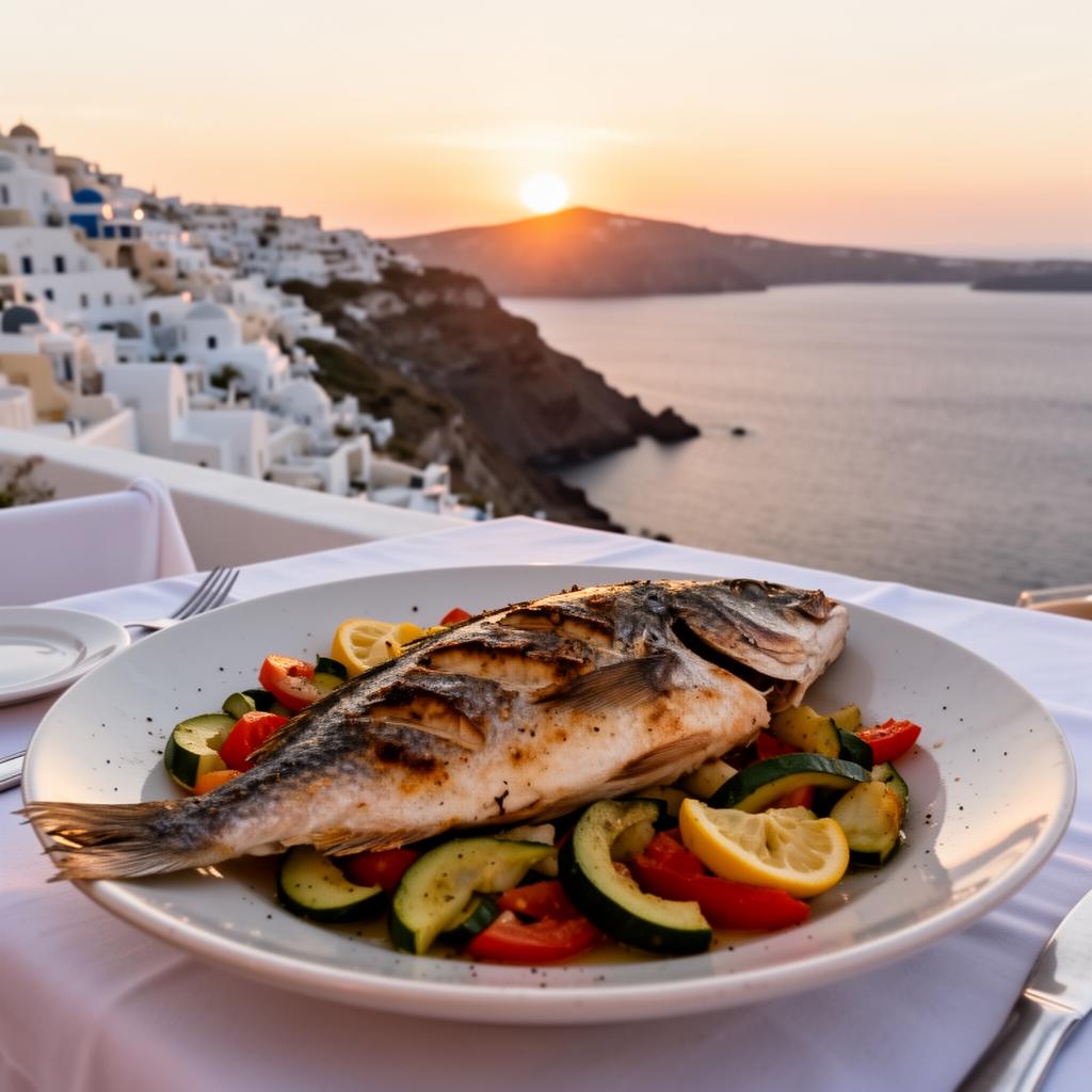 Baked fish with vegetables at a Santorini caldera view restaurant